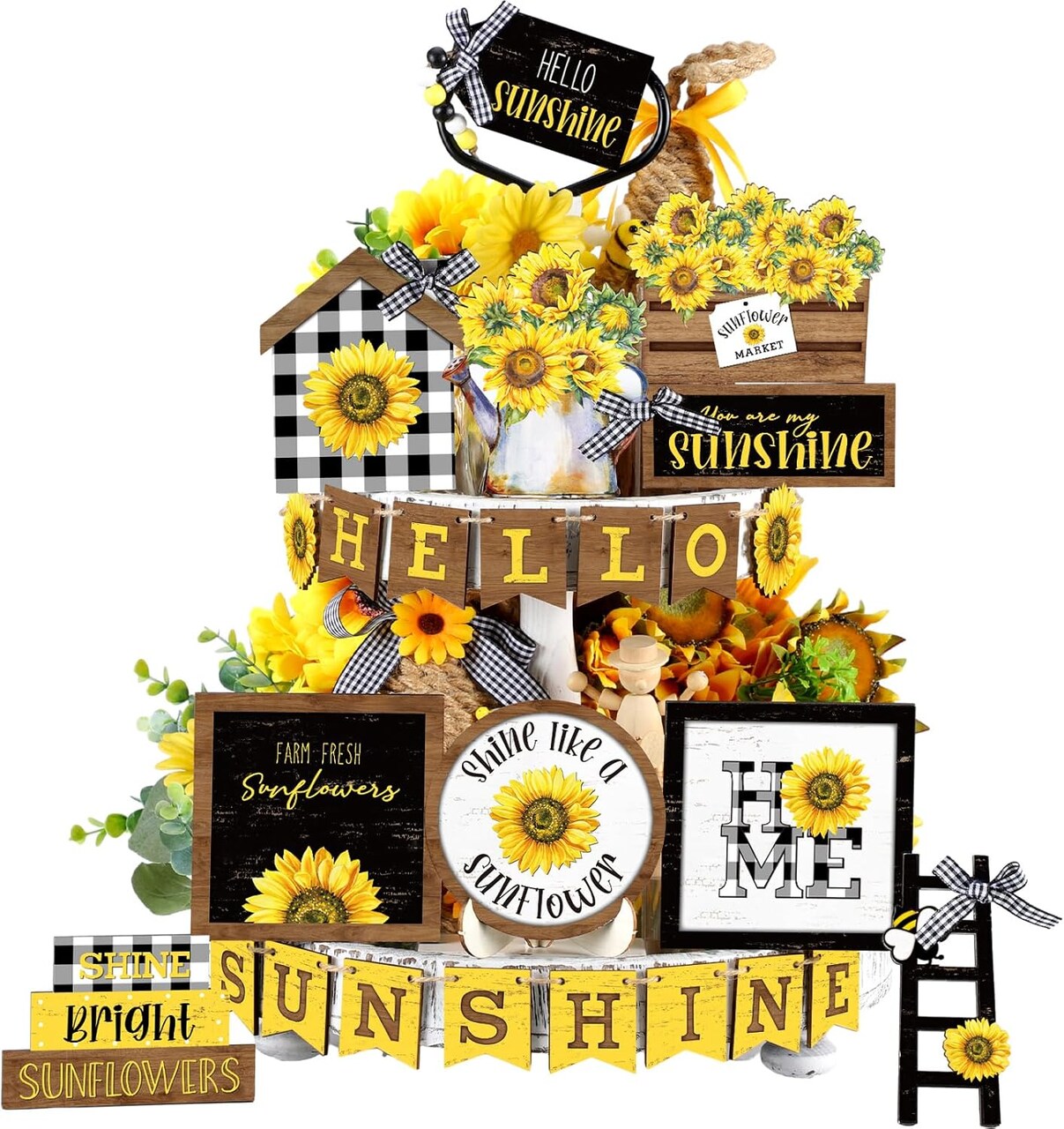 24PCS Sunflower Tiered Tray Decor Set – Spring Farmhouse Wooden Signs & Table Centerpieces for Home, Kitchen, Shelf & Rustic Seasonal Decorations